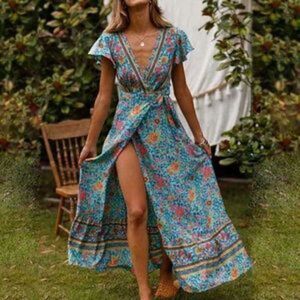 New Short Sleeve Bohemian Dress VNeck Floral Print High Split Tie Wrap Maxi